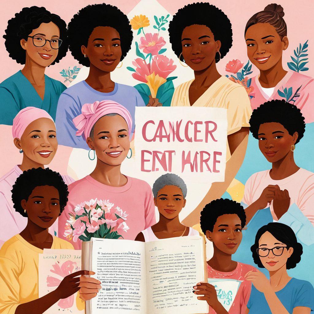 A warm, inviting collage of diverse cancer survivors sharing their stories, surrounded by symbols of hope such as ribbons and blooming flowers. Include comforting hands holding a guidebook titled 'Cancer Care' in the foreground, with soft light illuminating their faces, showcasing resilience and empowerment. super-realistic. vibrant colors. uplifting atmosphere.