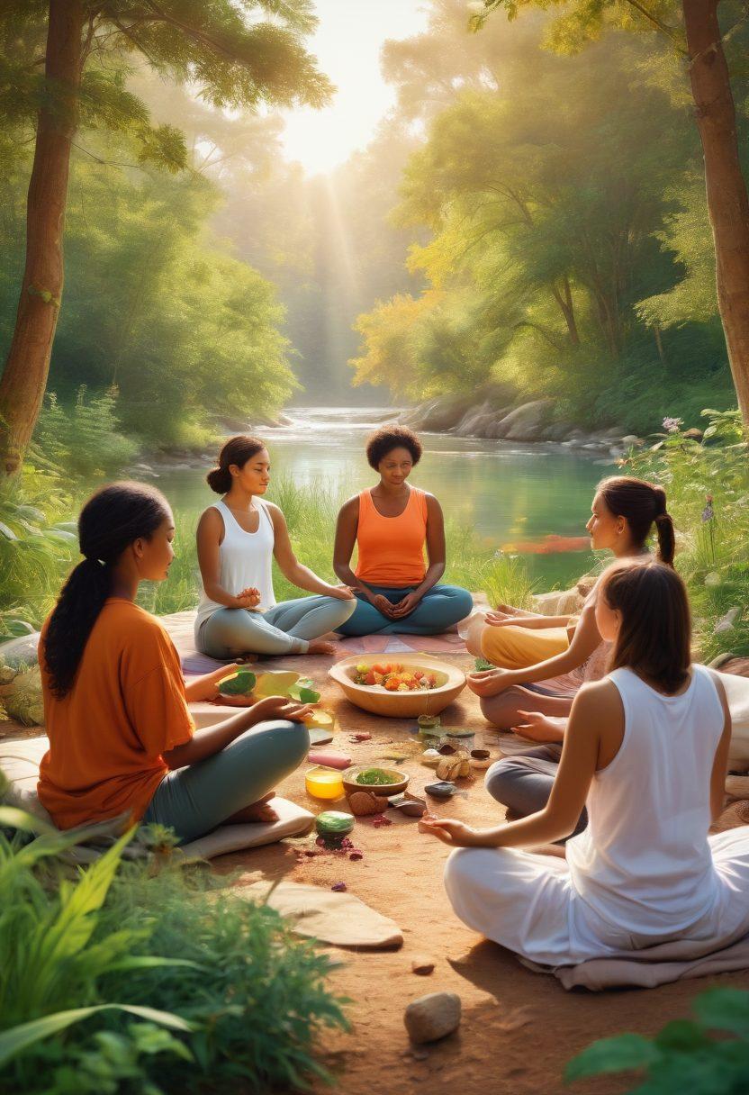 A serene scene depicting a diverse group of individuals engaged in a holistic wellness workshop, surrounded by nature. Include elements of healthy food preparation, meditation, and support circles. Infuse warm, inviting colors and light to symbolize hope and community. Illustrate herbs and natural remedies in the background, emphasizing a connection to nature. vibrant colors. painterly style.